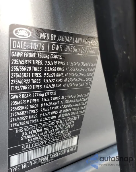 2016 Land Rover Range Rover Hse z USA, uszkodzony, nr VIN SALGS2PF3GA317640